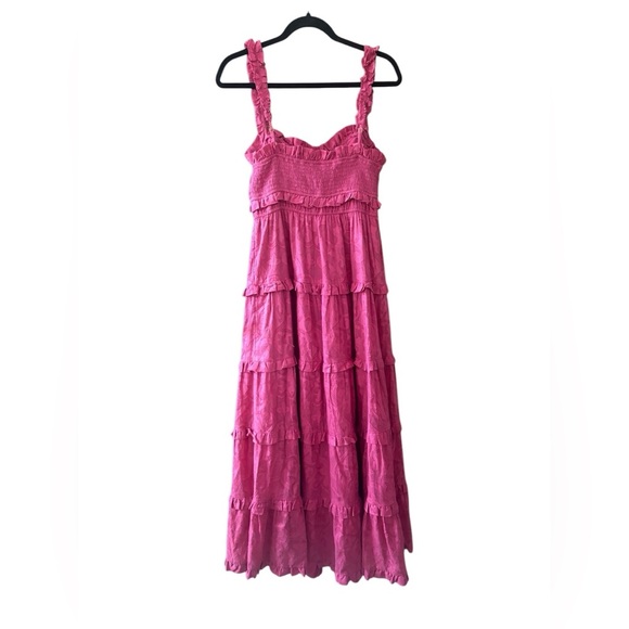 Anthropologie Women’s Squareneck Sleeveless Tiered Ruffle Dress. Pink small - Picture 3 of 8